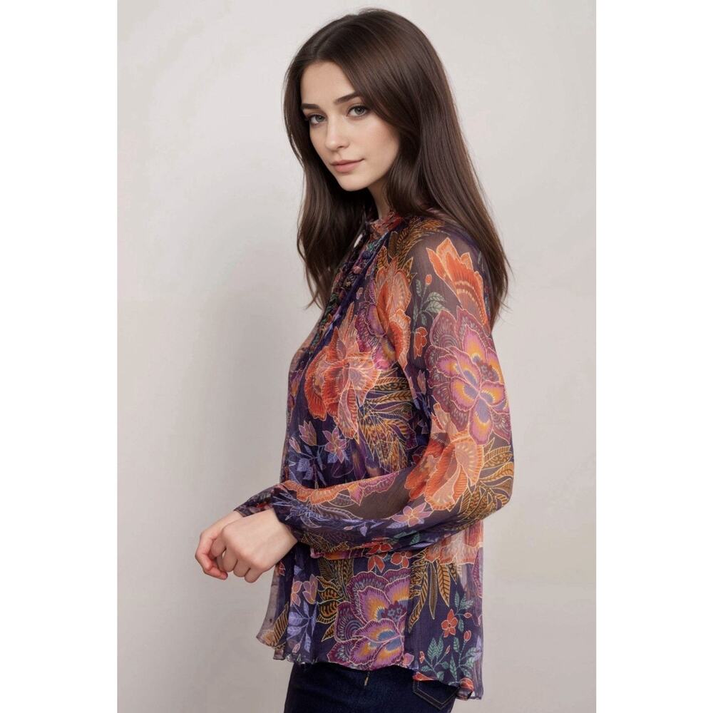 Johnny Was Jade Octavia Floral Silk Blouse Womens Large Oriental Semi Sheer - Picture 2 of 16